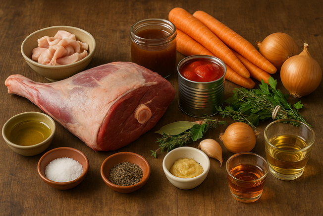 Ingredientes para la pierna de cordero y sus patatas
